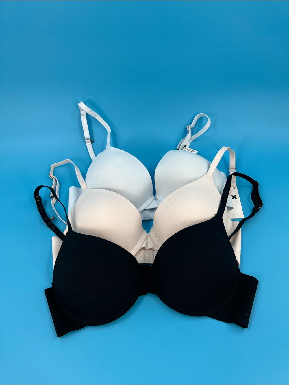 NWT Hurley 3 Pack Push Up Underwire Bras Black Nude Light Blue 36B $68